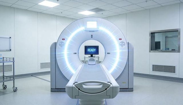 Futuristic ct scanner with glowing blue gantry and ready monitor in clean radiology suite
