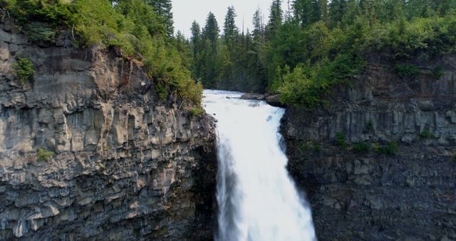 A powerful waterfall cascades down a rugged cliff surrounded by dense forest. The natural beauty of this scene highlights the raw power and tranquility of untouched wilderness areas.