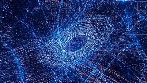 Rotating Blue Torus Vortex Pulsing Neon Rings with Particles and Orange Trails