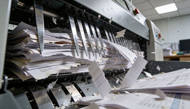 Heavy-duty industrial shredder shredding printed document stacks with flying paper debris