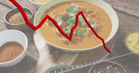 Restaurant revenue decline showing red downtrend line over spiced curry bowl
