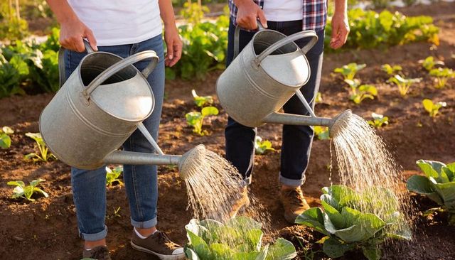 Pair watering backyard vegetable beds with vintage metal cans, cabbage and sunlight
