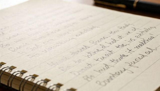 Spiral-Bound Notebook Showing Cursive Notes with Pen on Wooden Desk Close-Up