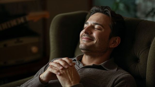 Relaxing man reclining in armchair with guitar, cozy ambient lighting, vintage vibe