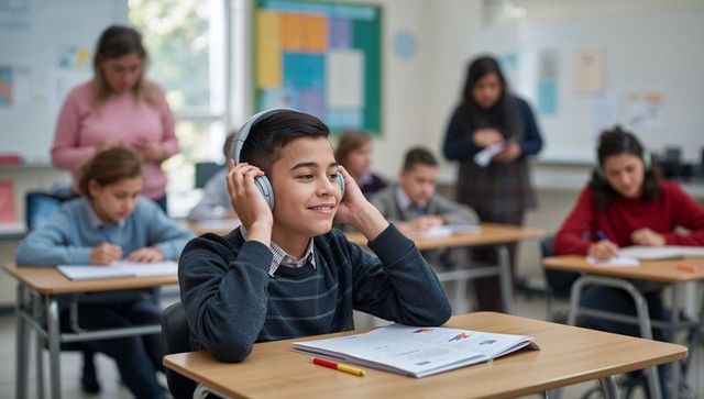 Smiling student using headphones in classroom setting