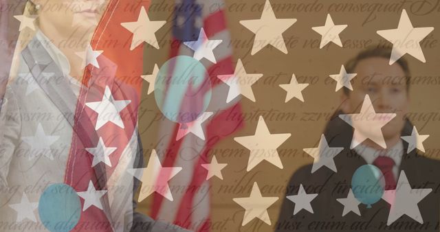 Depicts blending of American flag elements and political officials, symbolizing patriotism and work in government sectors. Suitable for articles on American politics, legislation, government, lawmaking, civic duty, or national policies.