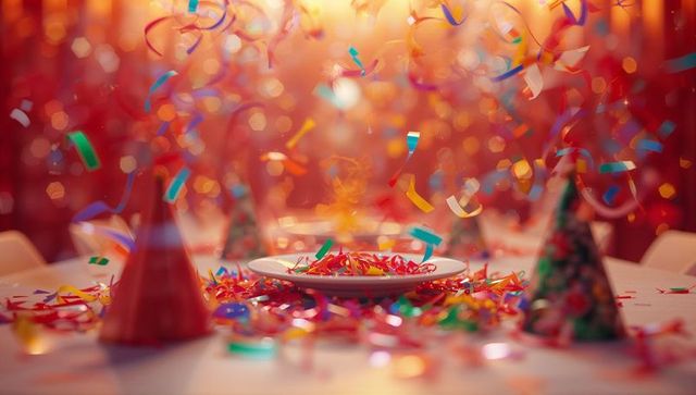 Vibrant Celebration with Confetti and Party Hats on Banquet Table