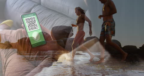 Digital Health Passport Overlay on Beach Travelers
