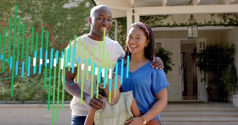 Smiling family on front steps with financial data overlay for homeownership planning and growth