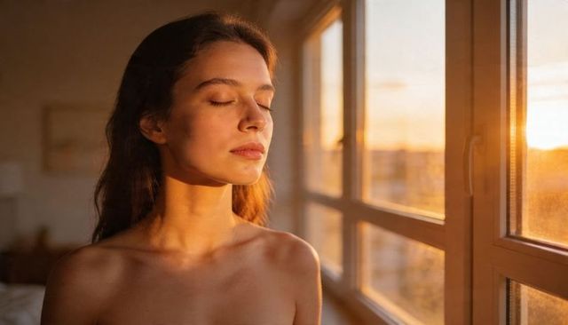 Young woman basking in golden hour sunlight by paned window, eyes closed, serene moment