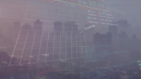 Digital Financial Data Animation Over Urban Cityscape