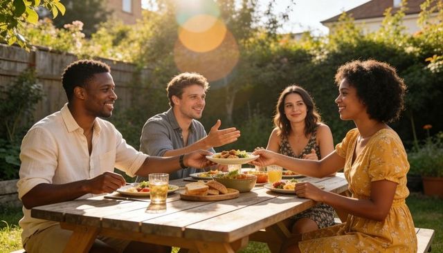 Friends sharing sunlit backyard dinner at picnic table passing plate and laughing