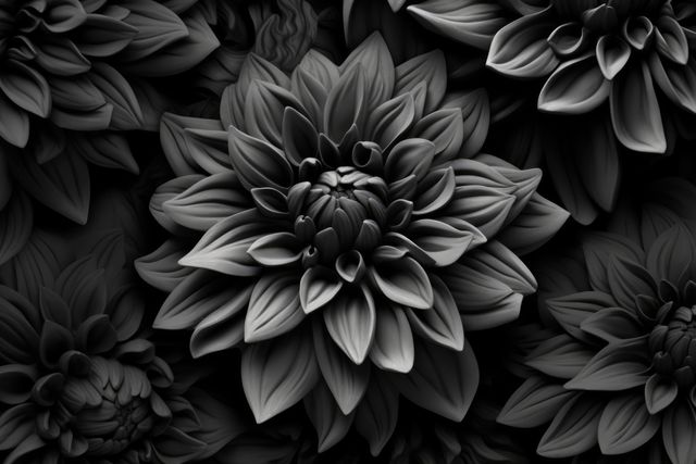 Close-up of dahlia flowers with detailed petals in black and white. Suitable for interior decoration, botanical studies, floral-themed designs, and nature-related projects. Perfect for adding a touch of elegance and sophistication to living spaces, offices, or digital products.