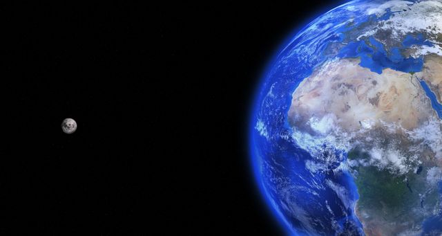 Earth and Moon seen from outer space, featuring detailed view of Earth's surface, continents, and oceans. Ideal for educational materials, science presentations, space exploration themes, and astronomical posters.