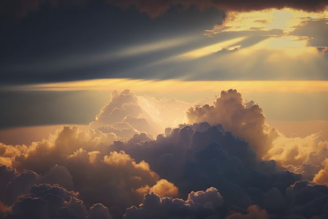 Scenery with clouds and sky with sun rays, created using generative ai technology. Cloud and sky scenery, weather and beauty in nature concept digitally generated image.