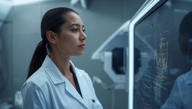 Lab scientist analyzing holographic data on transparent display in high-tech research lab