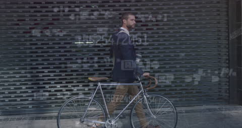 Man Walking Street with Bicycle Digital Overlay