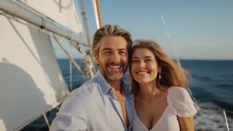 Smiling couple taking selfie on sailboat bow while sailing toward ocean horizon