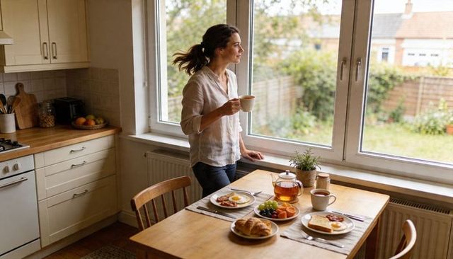 Woman enjoying morning coffee by window in sunlit kitchen with cozy breakfast spread