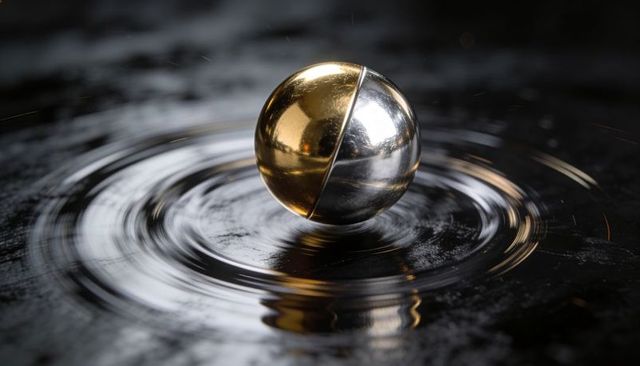 Hovering gold-silver orb creating circular ripples on black reflective water surface