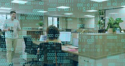 Modern Office Coder with Binary Code Overlay