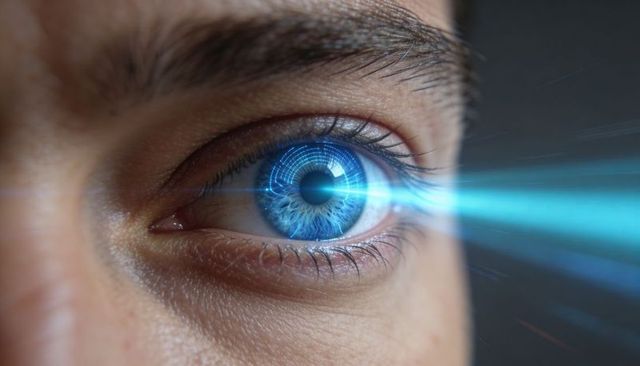Close-up cyber eye projecting holographic beam with hud overlay and biometric scan
