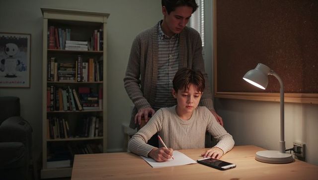 Preteen boy writing homework at desk with mentor guiding by lamp in cozy home study room