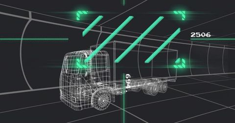 Wireframe smart truck navigating virtual tunnel with neon sensor beams and telemetry