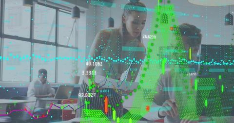 Team analyzing financial data with digital charts overlay in open office collaboration