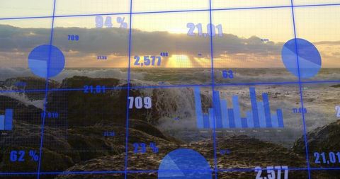 Ocean data fusion at sunset: waves crashing over rocks with digital grid and charts