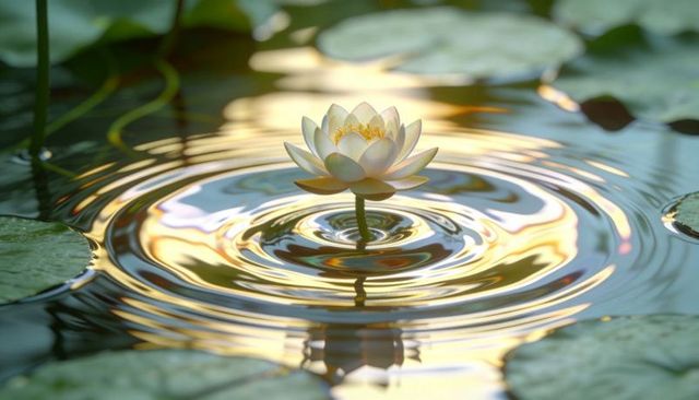 White and yellow water lily floating on golden rippling pond at sunrise glow