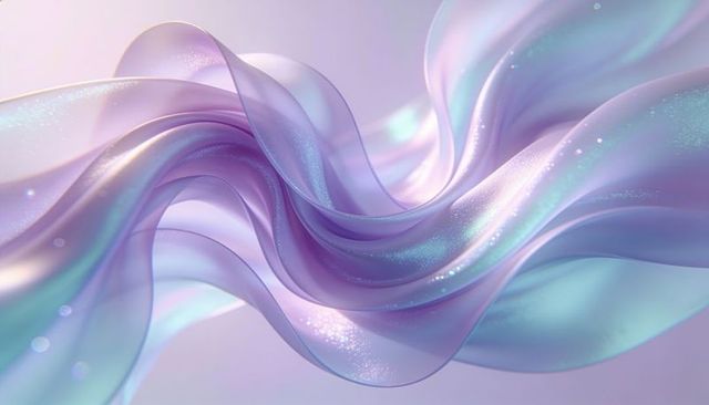 Flowing iridescent pastel ribbons shimmering with glitter particles and soft bokeh