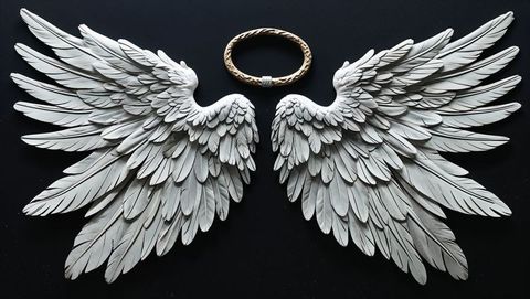 Ornamental white angel wings with golden halo on black background
