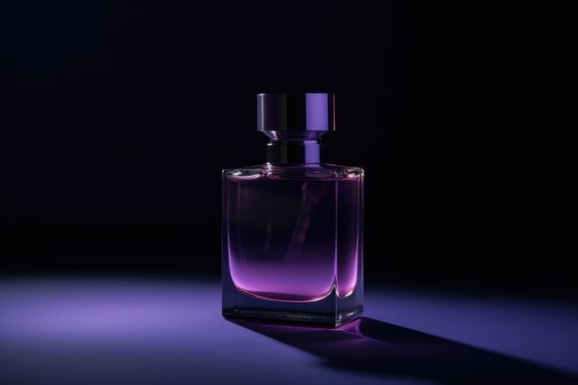Rectangular glass perfume bottle in dark purple light, created using generative ai technology. Scent, fragrances and luxury goods concept digitally generated image.