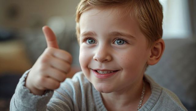 Smiling blond boy giving thumbs-up on couch, cozy home portrait with positive expression