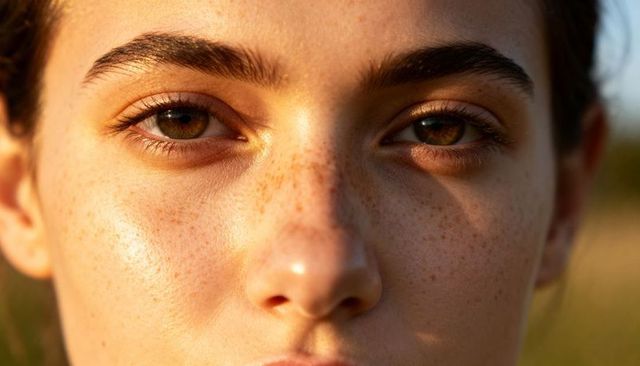 Sunlit freckled woman gazing in closeup with brown eyes and defined brows