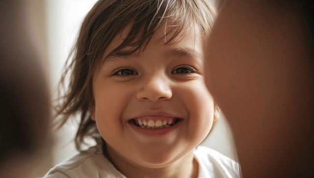 Smiling child closeup filling frame with warm window light radiating joyful innocence
