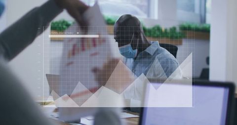 Masked Professionals Analyzing Financial Data with Graph Overlay