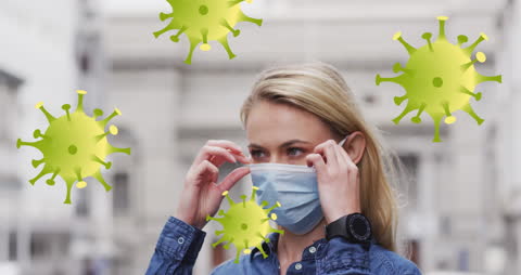 Caucasian Woman Wearing Mask with Abstract Virus Overlay