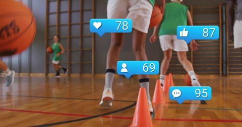 Youth players dribbling through cone drill with social media engagement icons