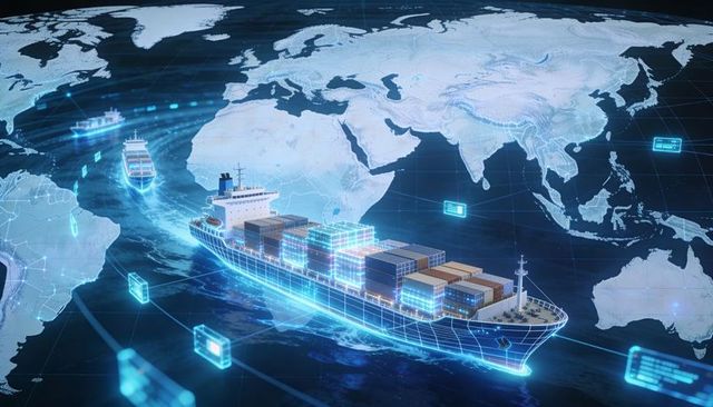 Holographic container ship navigating global shipping routes with digital data overlay