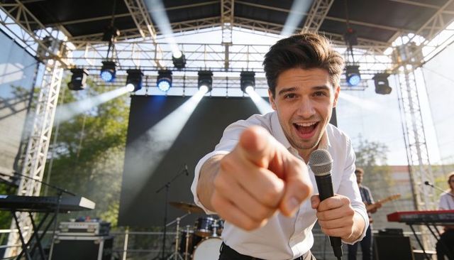 Energetic male singer pointing at camera holding microphone performing on outdoor stage