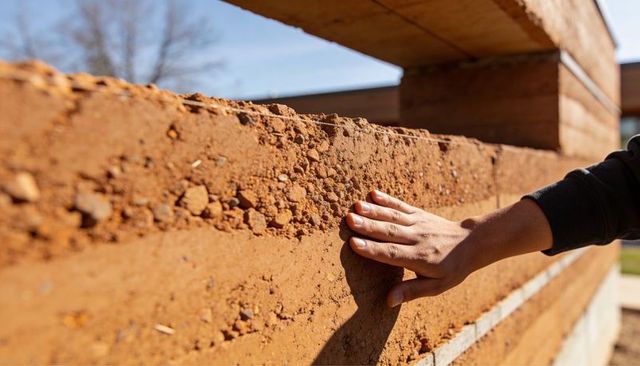 Hand pressing rammed earth wall showing layered soil texture and sustainable construction