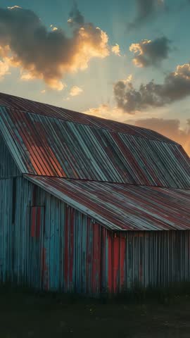 Sun Rays Crossing Weathered Metal Barn During Golden Hour Vertical Video for Outdoors