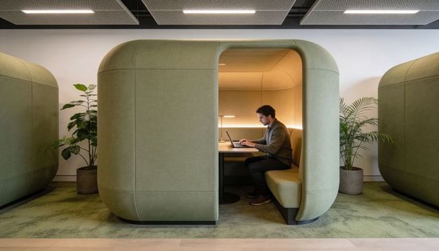 Young professional working inside green acoustic office pod with laptop and soft lighting