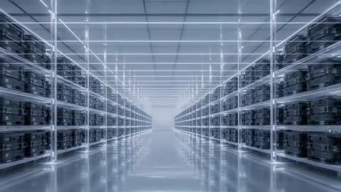 Cinematic camera glide through futuristic data center aisle with LED-lit server racks