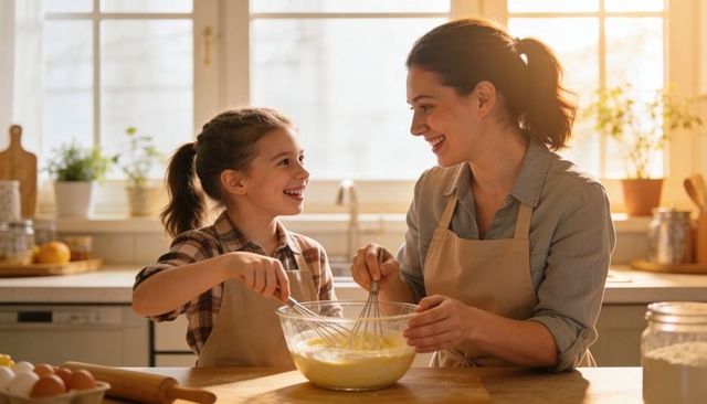 Mother and daughter mixing batter in sunlit kitchen, family bonding and joyful baking