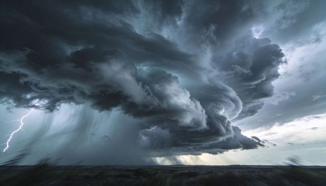 Dramatic Rotating Supercell Thunderstorm Over Prairie with Lightning and Rain Shafts