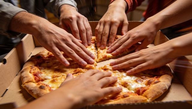 Friends reaching and pulling cheese pizza slices from cardboard box in casual gathering