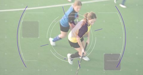 Controlling Field Hockey Player Guiding Ball on Green Turf with Tactical Data Overlay